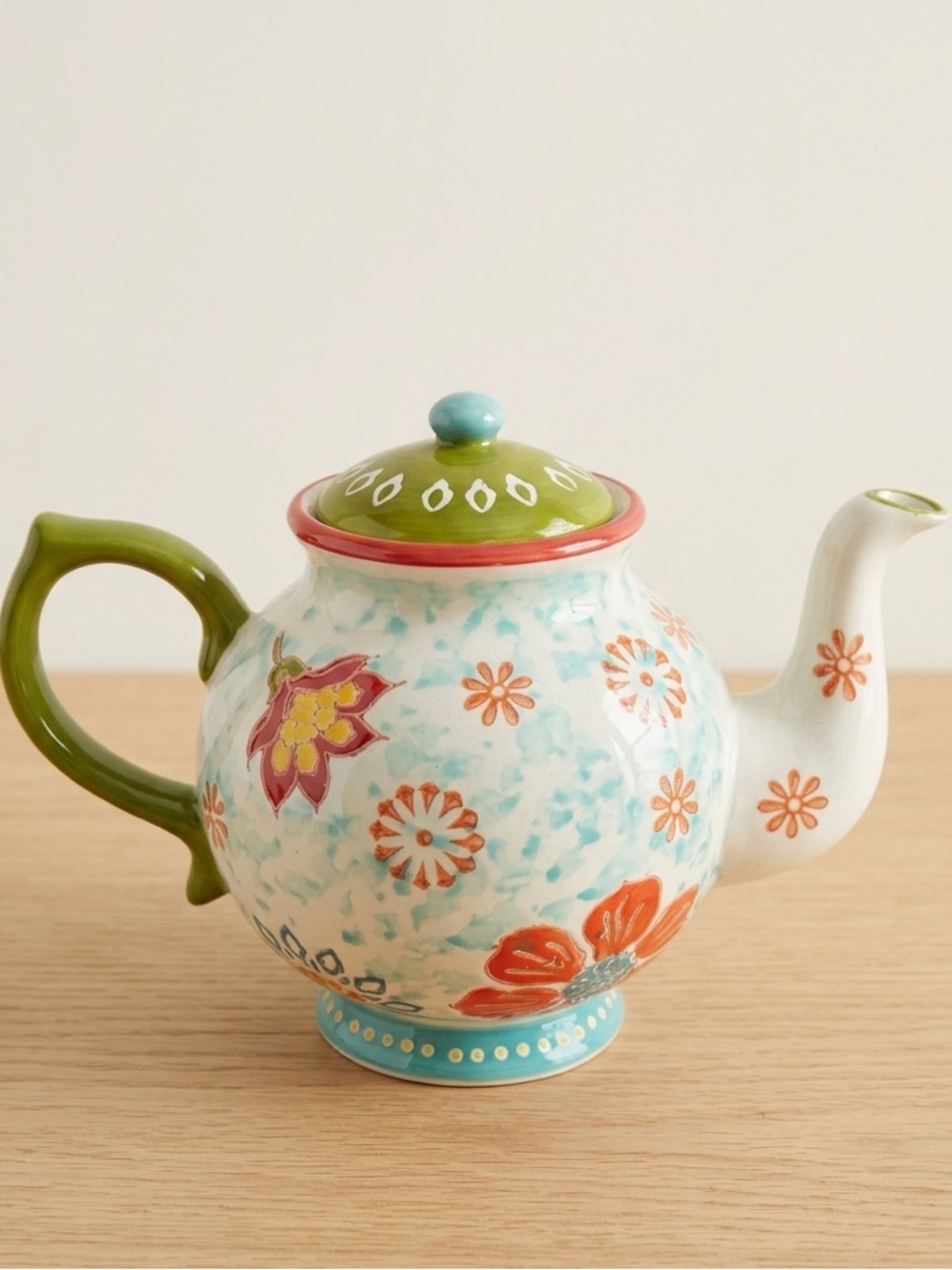Dutch Wax Hand Painted 6-Cup Teapot Ceramic Colorful Floral Boho Shabby Chic
